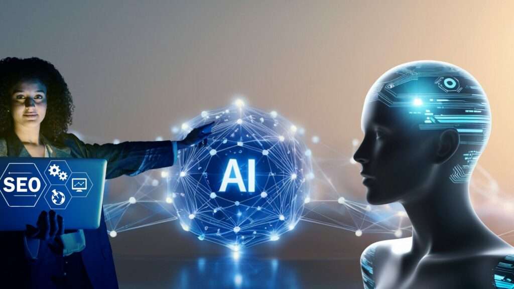 Femme tenant un ordinateur, travaillant sur le SEO et transmettant ses consignes à l'intelligence artificielle pour optimiser la visibilité en ligne